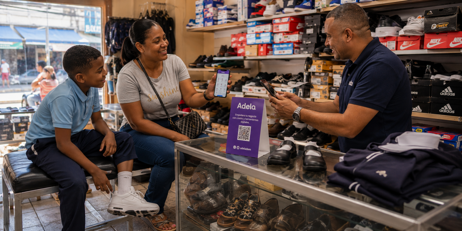 Personas comprando en comercios locales con Adela
